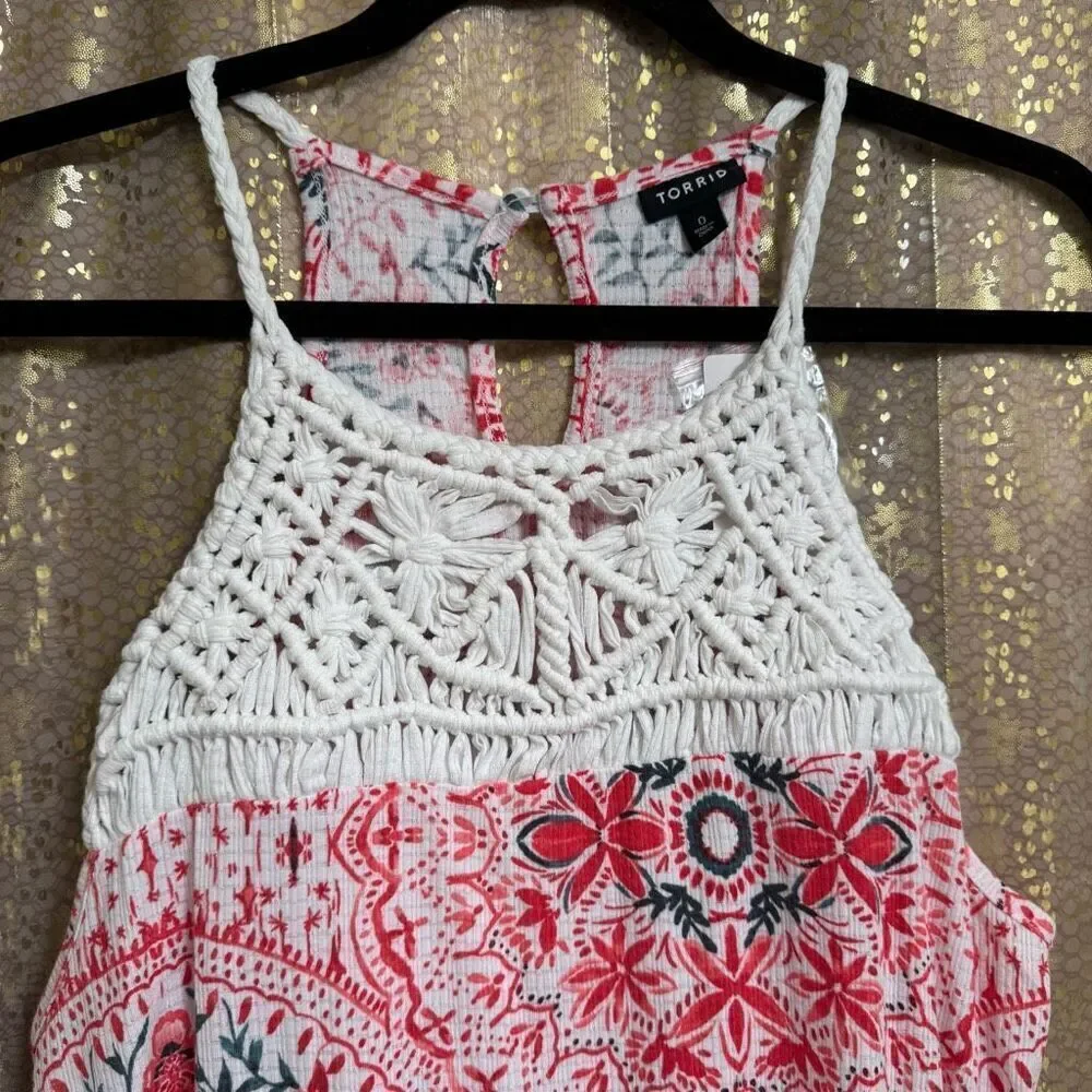 Torrid Red Ivory Knit Macramé High Neck Boho Print Tank Size 0‎ Large NWT